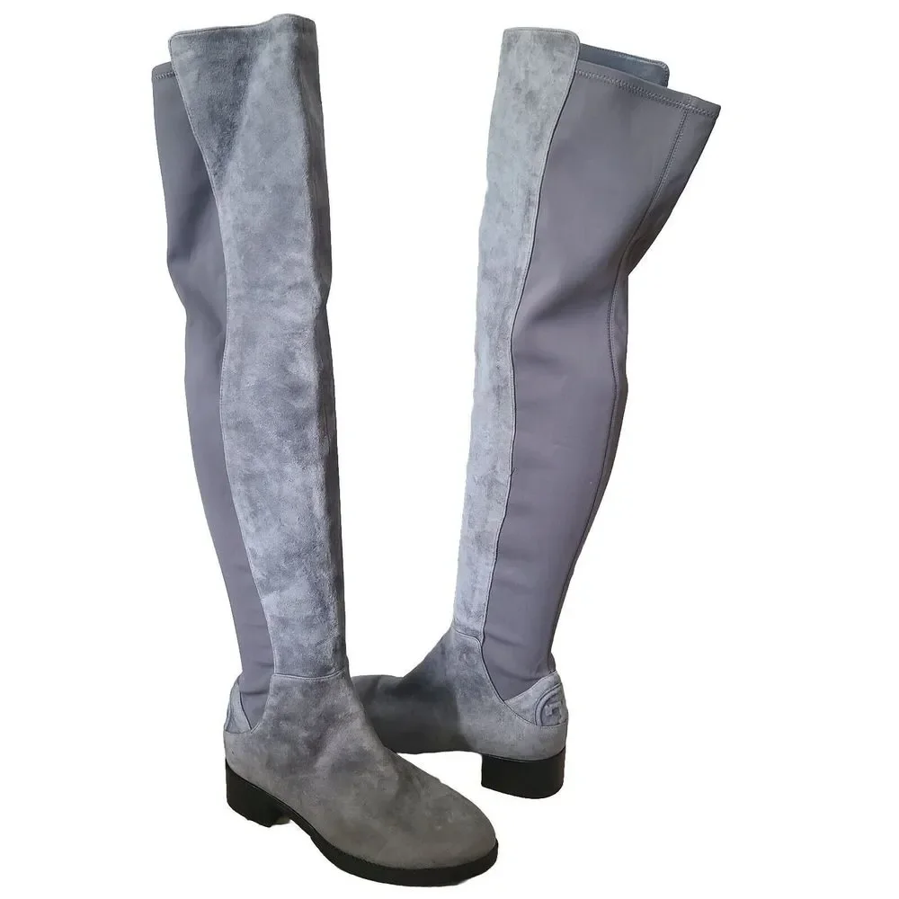 Tory Burch OTK Boots Caitlin Gray Suede Over-the-Knee Stretch Back Logo 6.5 New